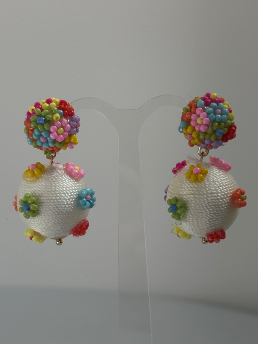 Colorful White Beaded Floral Drop Earrings